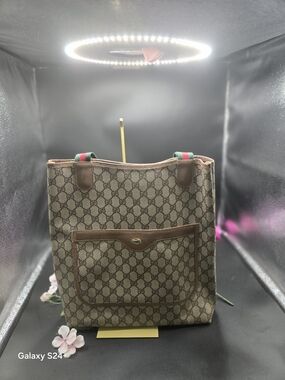 Authentic Gucci Vintage GG Supreme Monogram Web Tote Bag Beige Brown